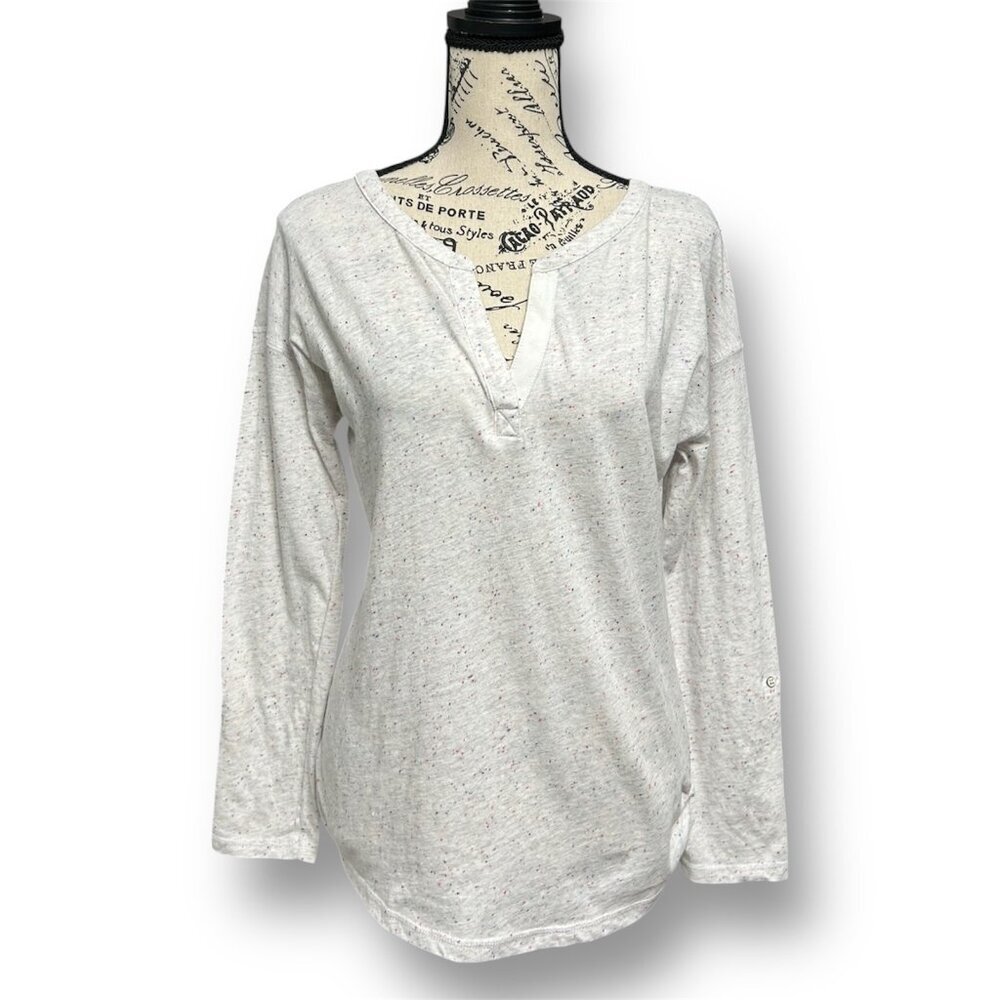 T by Talbots S Gray Speckled Cotton Split Neck Henley Roll Tab Sleeves‎ Casual